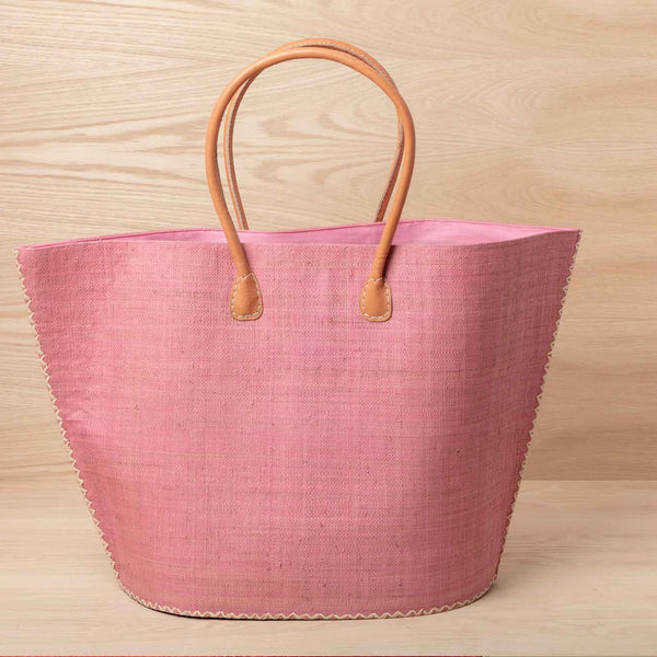 Rockflowerpaper - Raffia Pink Tote w/ Leather Handle